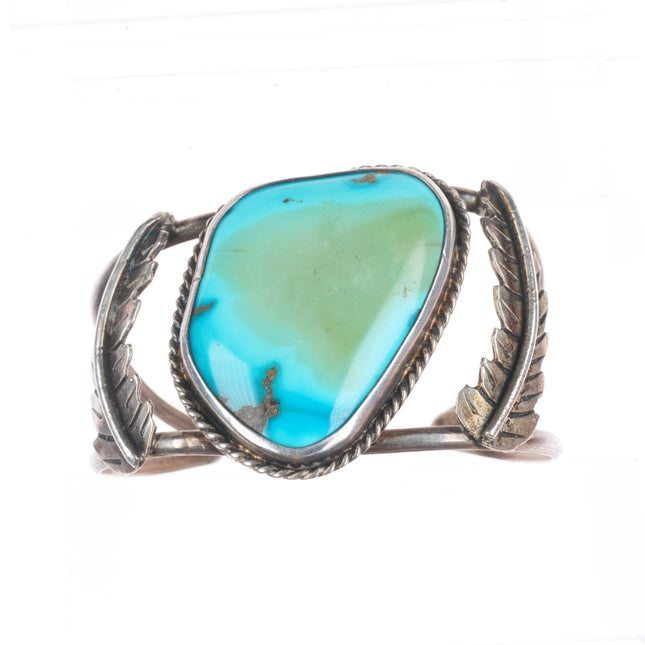 6.25" Vintage Navajo sterling silver feather side cuff bracelet nice turquoise