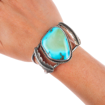 6.25" Vintage Navajo sterling silver feather side cuff bracelet nice turquoise