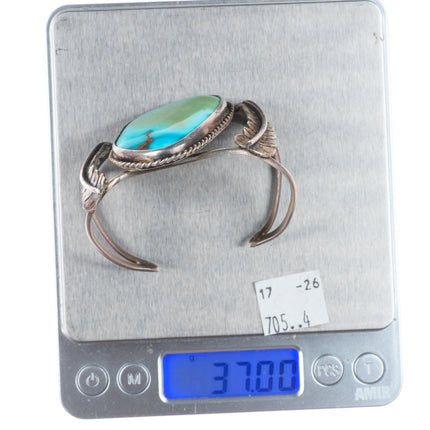 6.25" Vintage Navajo sterling silver feather side cuff bracelet nice turquoise