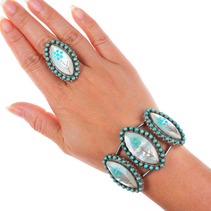 6.4" cuff sz8 ring Lasiloo Zuni sterling silver turquoise snake eye inlay set