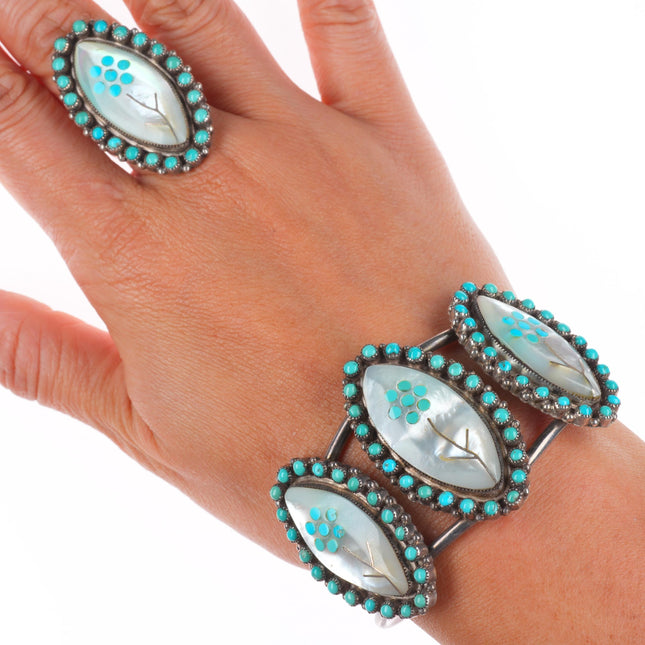 6.4" cuff sz8 ring Lasiloo Zuni sterling silver turquoise snake eye inlay set