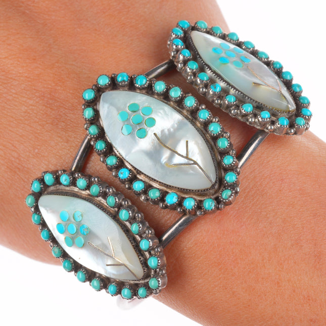 6.4" cuff sz8 ring Lasiloo Zuni sterling silver turquoise snake eye inlay set