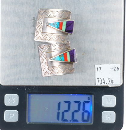 Benny Armijo Navajo sterling silver multi-stone intarsia inlay stamped earrings