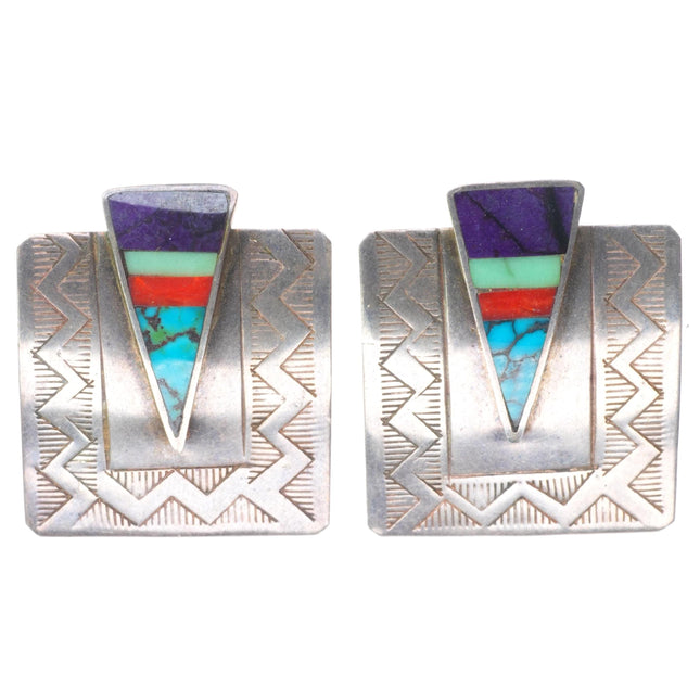 Benny Armijo Navajo sterling silver multi-stone intarsia inlay stamped earrings