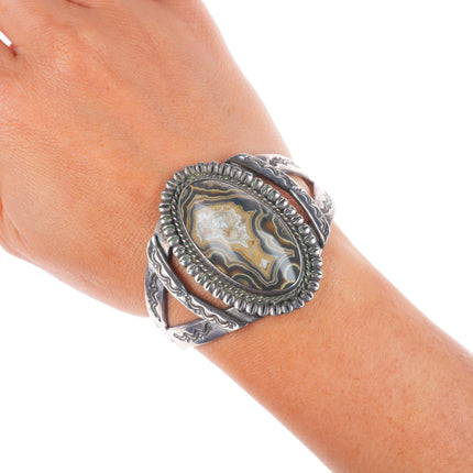 6.2" 1940's Vintage Navajo stamped sterling silver lacy agate cuff bracelet