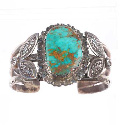 6.4" c1940's Vintage Navajo sterling silver stamped cuff bracelet nice turquoise