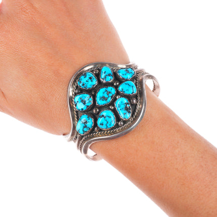 6.3" Vintage Navajo sterling silver Kingman turquoise cluster cuff bracelet