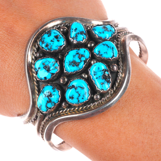 6.3" Vintage Navajo sterling silver Kingman turquoise cluster cuff bracelet