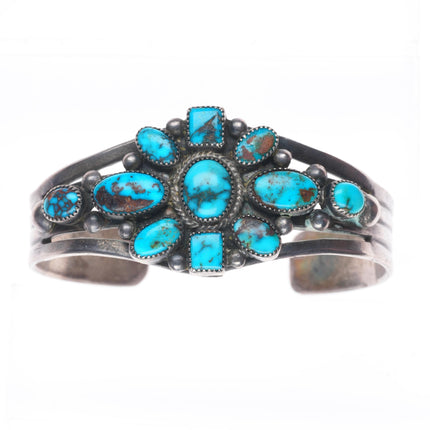 6.5" 1930's Navajo ingot silver high grade turquoise cluster cuff bracelet