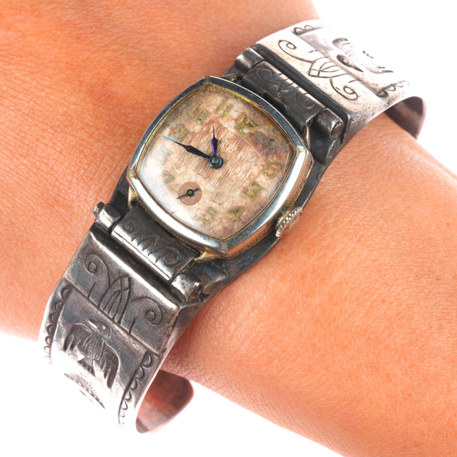 7.2" c1940 vintage Frank Peshlakai Navajo sterling silver watch cuff bracelet