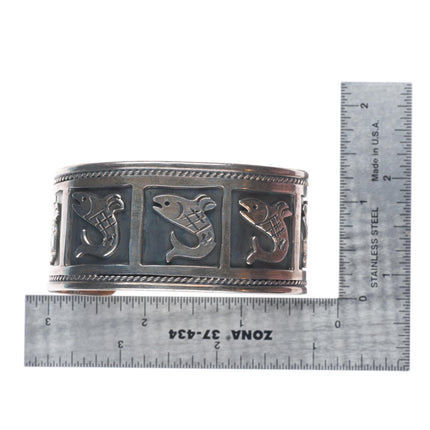 6.6" Vintage southwestern sterling silver fish shadowbox cuff bracelet