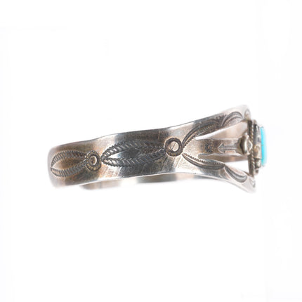 6.4" Vintage Navajo sterling silver deep stamped arrows turquoise cuff bracelet