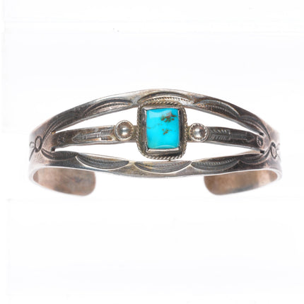 6.4" Vintage Navajo sterling silver deep stamped arrows turquoise cuff bracelet