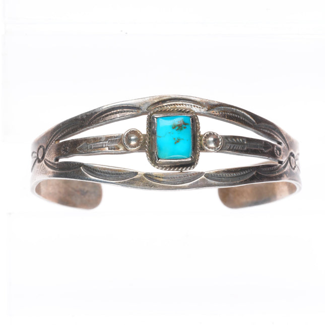 6.4" Vintage Navajo sterling silver deep stamped arrows turquoise cuff bracelet