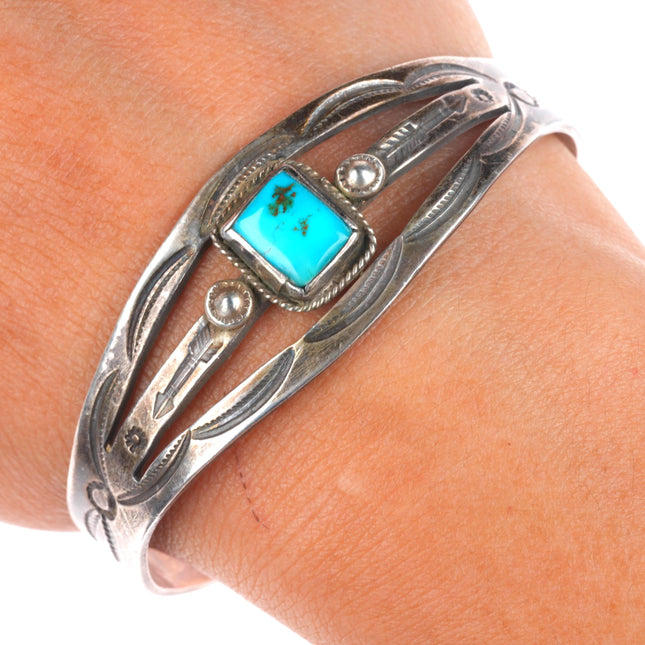 6.4" Vintage Navajo sterling silver deep stamped arrows turquoise cuff bracelet