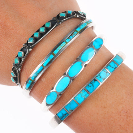 6.25" 4 Vintage Zuni sterling silver stacker turquoise inlay cuff bracelets