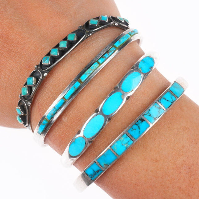 6.25" 4 Vintage Zuni sterling silver stacker turquoise inlay cuff bracelets