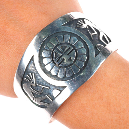 6.25" Vintage Hopi sterling silver Kokopelli and sunface cuff bracelet