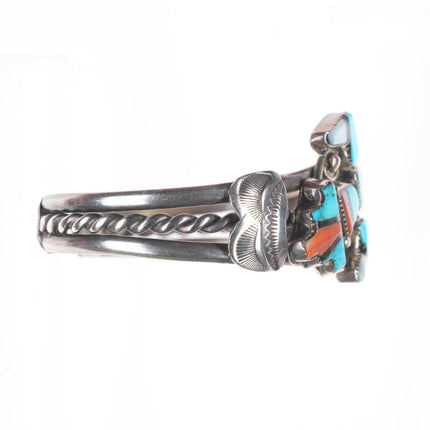 6.5" 1950's Zuni sterling silver rainbow man turquoise/coral inlay cuff bracelet