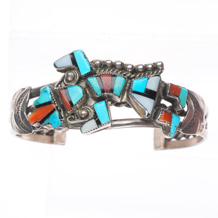 6.5" 1950's Zuni sterling silver rainbow man turquoise/coral inlay cuff bracelet