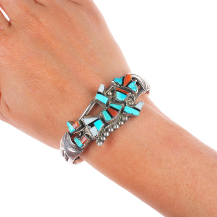 6.5" 1950's Zuni sterling silver rainbow man turquoise/coral inlay cuff bracelet