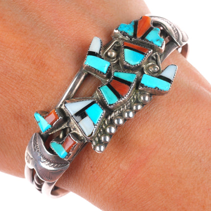 6.5" 1950's Zuni sterling silver rainbow man turquoise/coral inlay cuff bracelet