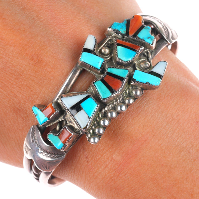 6.5" 1950's Zuni sterling silver rainbow man turquoise/coral inlay cuff bracelet