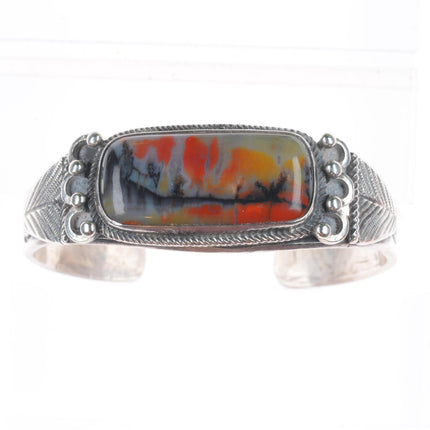 6.75" 1930's Navajo ingot silver petrified wood deep stamped cuff bracelet