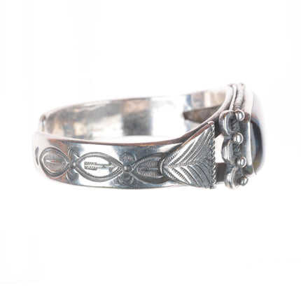 6.75" 1930's Navajo ingot silver petrified wood deep stamped cuff bracelet