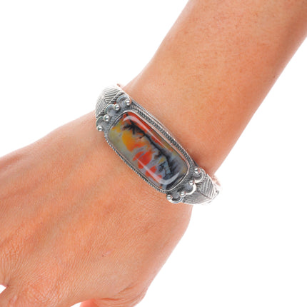 6.75" 1930's Navajo ingot silver petrified wood deep stamped cuff bracelet