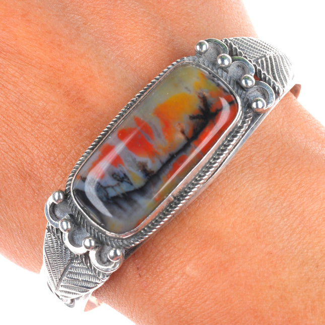 6.75" 1930's Navajo ingot silver petrified wood deep stamped cuff bracelet