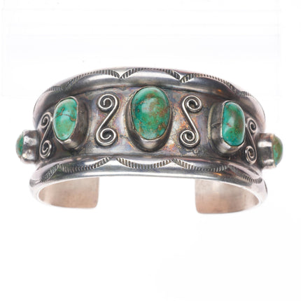 6.25" vintage Navajo sterling silver wide green turquoise row cuff bracelet