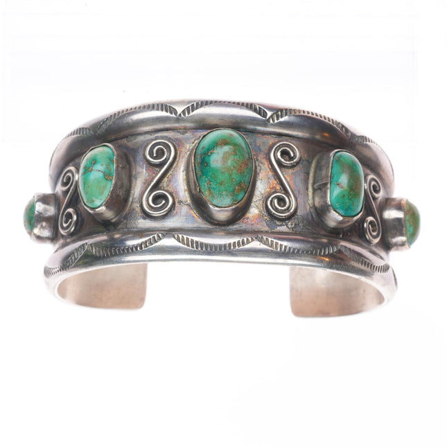 6.25" vintage Navajo sterling silver wide green turquoise row cuff bracelet