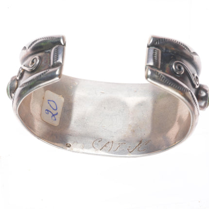 6.25" vintage Navajo sterling silver wide green turquoise row cuff bracelet