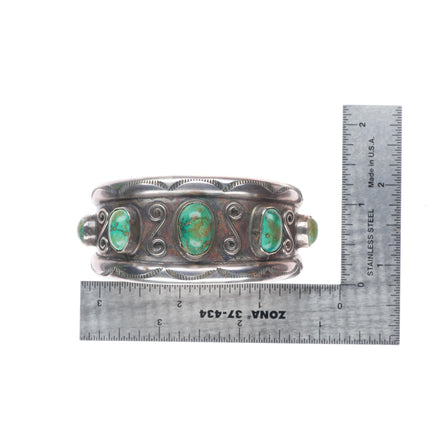 6.25" vintage Navajo sterling silver wide green turquoise row cuff bracelet