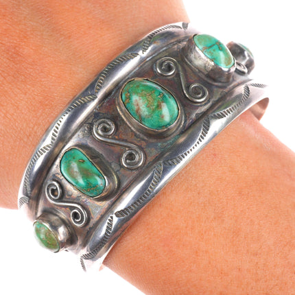 6.25" vintage Navajo sterling silver wide green turquoise row cuff bracelet