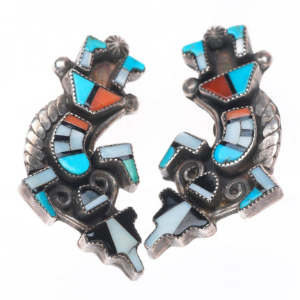 c1950 Vintage Zuni sterling silver rainbow man inlay screw back earrings