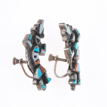 c1950 Vintage Zuni sterling silver rainbow man inlay screw back earrings