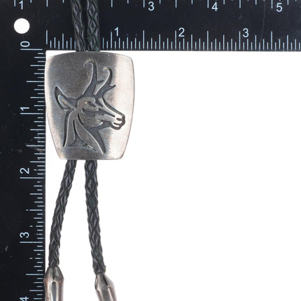 Roy Tawahongva Hopi overlay vintage antelope carved bolo tie sterling silver