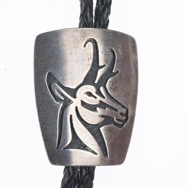 Roy Tawahongva Hopi overlay vintage antelope carved bolo tie sterling silver