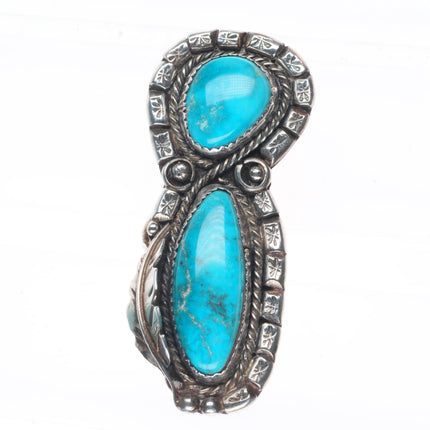 sz6 Long vintage Navajo sterling silver two stone turquoise fancy border ring