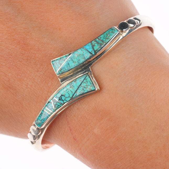 Vintage Navajo sterling silver spiderweb turquoise inlay necklace, cuff bracelet