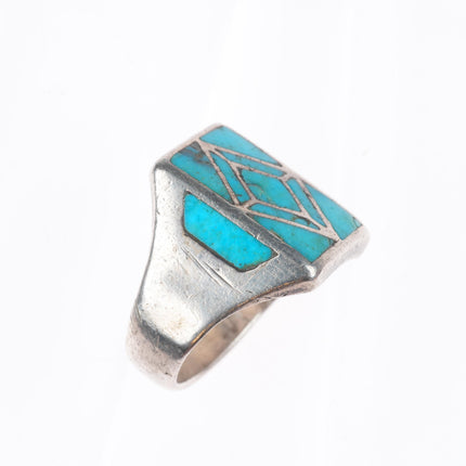 sz11 vintage Zuni sterling silver turquoise channel inlay men's size 11 ring