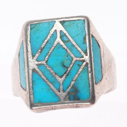 sz11 vintage Zuni sterling silver turquoise channel inlay men's size 11 ring
