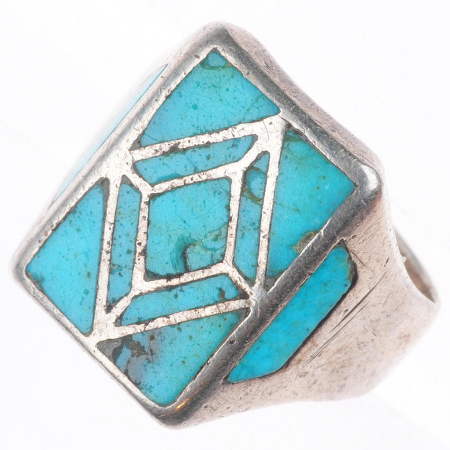 sz11 vintage Zuni sterling silver turquoise channel inlay men's size 11 ring