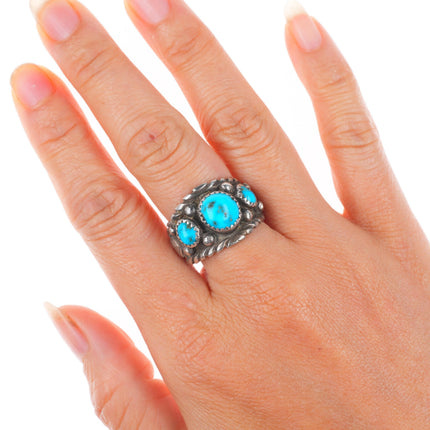 sz9 Cecil Sanders Navajo sterling silver 3 stone turquoise size 9 ring