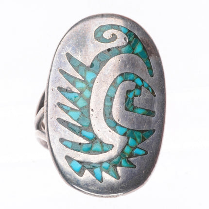 sz8 Vintage SB Navajo sterling silver chip inlay turquoise size 8 ring