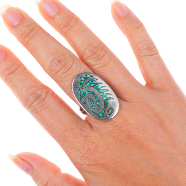 sz8 Vintage SB Navajo sterling silver chip inlay turquoise size 8 ring