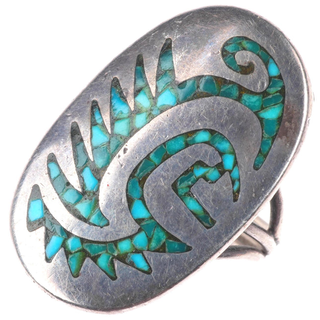 sz8 Vintage SB Navajo sterling silver chip inlay turquoise size 8 ring