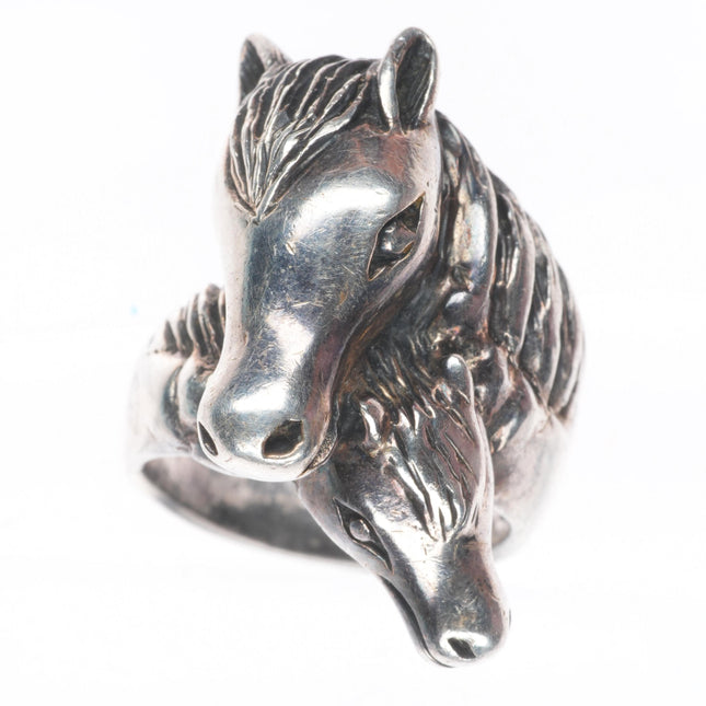 sz8 vintage southwestern sterling silver two horse heads size 8 ring
